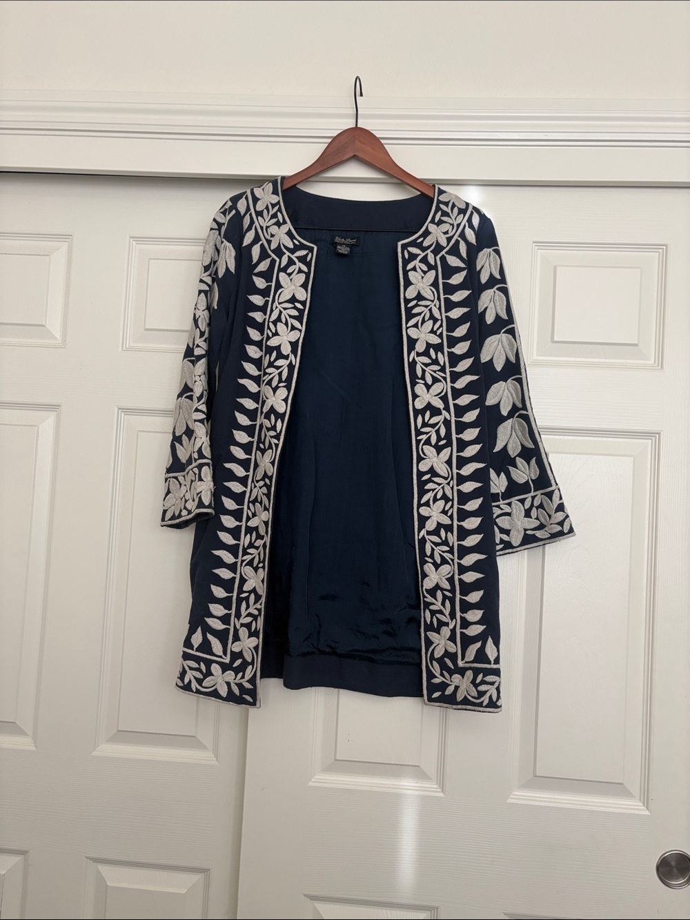 Lucky Brand Navy Tunic Cardigan with Cream Floral Embroidery